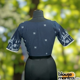  Navy Blue Jamdani |Block Weaving | Square Coller | Lace Attached Glass Sleeve