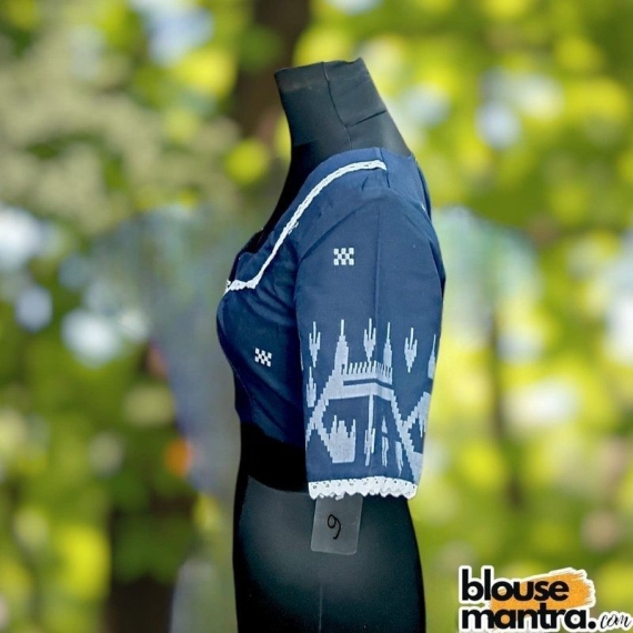  Navy Blue Jamdani |Block Weaving | Square Coller | Lace Attached Glass Sleeve