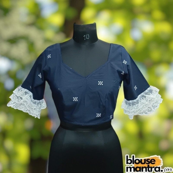 Navy Blue Jamdani |Block Weaving | Front Sweetheart Neck | Back U neck | Lace Attached Glass Sleeve