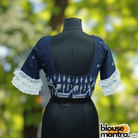 Navy Blue Jamdani |Block Weaving | Front Sweetheart Neck | Back U neck | Lace Attached Glass Sleeve