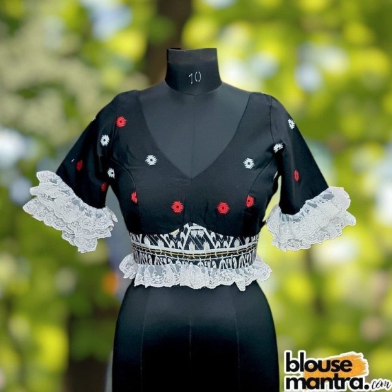  Black Jamdani | White & Red , Yellow Weaving |V Neck On front | Lace Attached on Sleeves & Waist Glass Sleeve