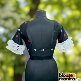  Black Jamdani | White & Red , Yellow Weaving |V Neck On front | Lace Attached on Sleeves & Waist Glass Sleeve