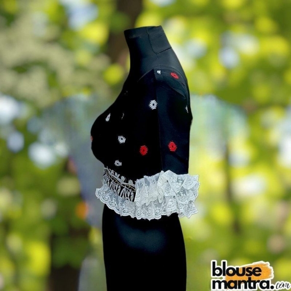  Black Jamdani | White & Red , Yellow Weaving |V Neck On front | Lace Attached on Sleeves & Waist Glass Sleeve