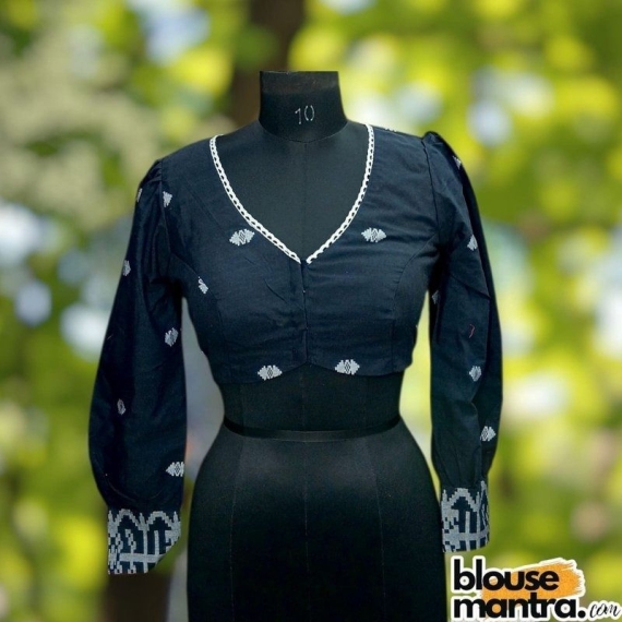 Navy Jamdani | Front V Neck | Back Boat Neck | Lace Attached | Puff Full Sleeve