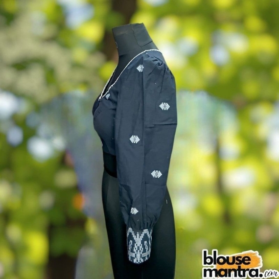 Navy Jamdani | Front V Neck | Back Boat Neck | Lace Attached | Puff Full Sleeve