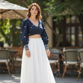 Navy Jamdani | Front V Neck | Back Boat Neck | Lace Attached | Puff Full Sleeve