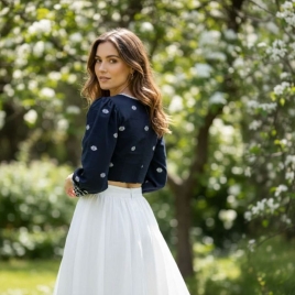 Navy Jamdani | Front V Neck | Back Boat Neck | Lace Attached | Puff Full Sleeve