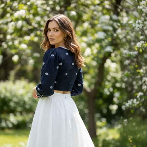 Navy Jamdani | Front V Neck | Back Boat Neck | Lace Attached | Puff Full Sleeve