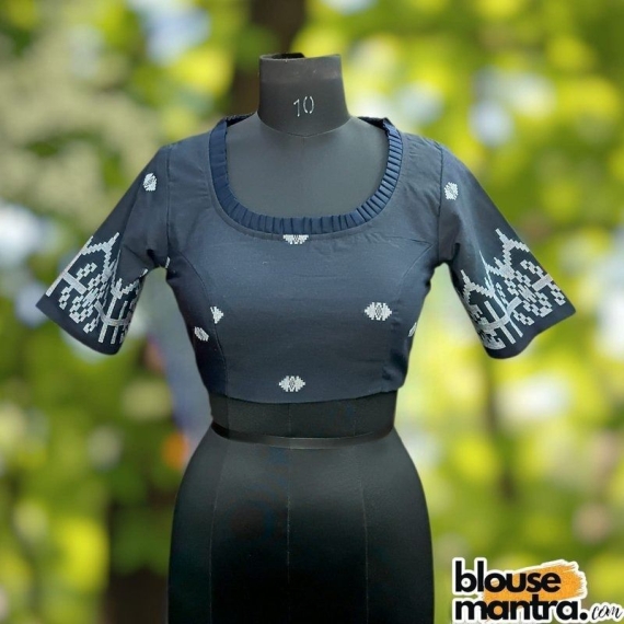 Navy Jamdani | Front Round Neck | Frills on Neckline | Back Cut Glass Sleeve