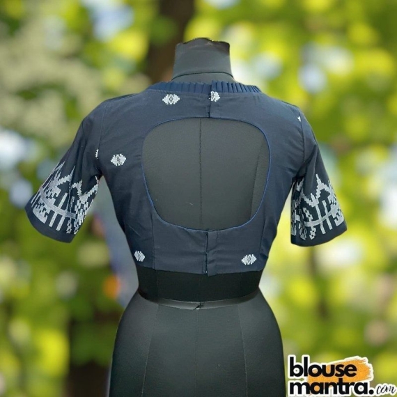 Navy Jamdani | Front Round Neck | Frills on Neckline | Back Cut Glass Sleeve