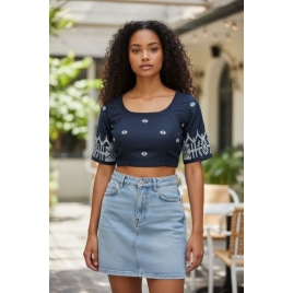 Navy Jamdani | Front Round Neck | Frills on Neckline | Back Cut Glass Sleeve