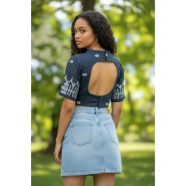 Navy Jamdani | Front Round Neck | Frills on Neckline | Back Cut Glass Sleeve