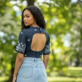 Navy Jamdani | Front Round Neck | Frills on Neckline | Back Cut Glass Sleeve