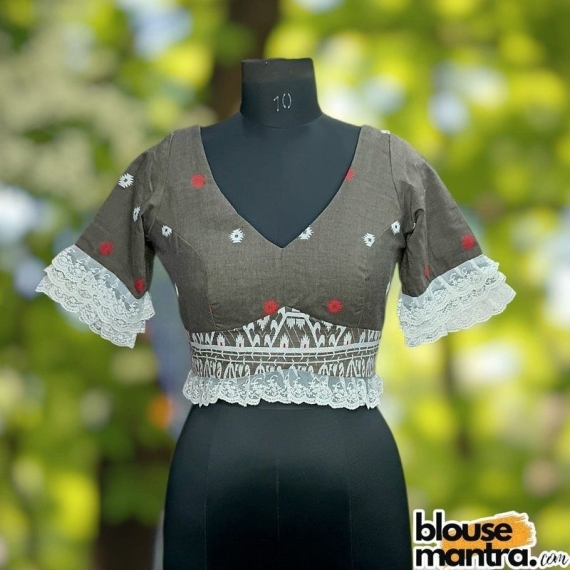 Coffee Jamdani | White & Red Weaving |V Neck On front | Lace Attached on Sleeves & Waist Glass Sleeve