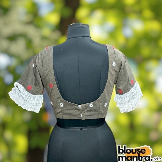 Coffee Jamdani | White & Red Weaving |V Neck On front | Lace Attached on Sleeves & Waist Glass Sleeve