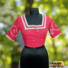 Pink Jamdani | Square Neck | Lace Attached Glass Sleeve