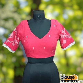 Pink Jamdani |Sweetheart Neck | Back V Neck | Lace Attached Glass Sleeve