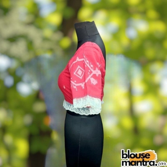 Pink Jamdani |Front Dome Neck | Back Square Neck | Lace Attached On Sleeve & Waist Glass Sleeve