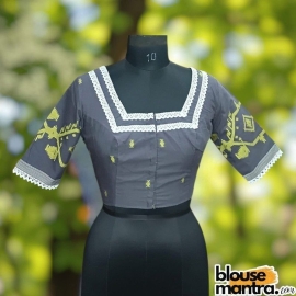 Dark Grey Jamdani | Yellow Weaving | Square Neck | Lace Attached Glass Sleeve