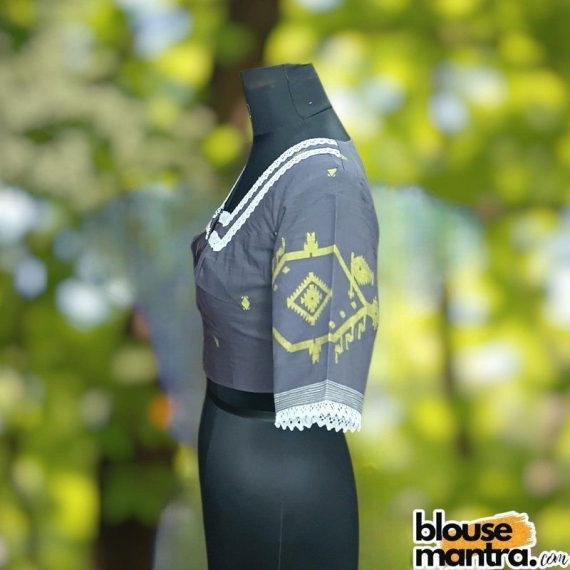 Dark Grey Jamdani | Yellow Weaving | Square Neck | Lace Attached Glass Sleeve