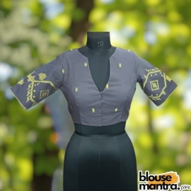  Dark Grey Jamdani | Yellow Weaving |Front Small V Cut | Back Boat Neck Glass Sleeve