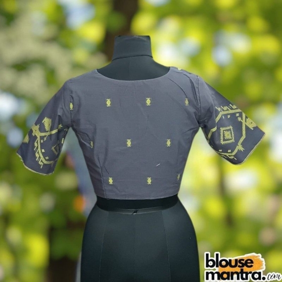  Dark Grey Jamdani | Yellow Weaving |Front Small V Cut | Back Boat Neck Glass Sleeve