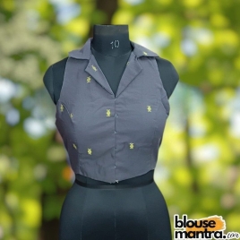 Dark Grey Jamdani | Yellow Weaving |Blazer Coller | Halterneck Sleeveless