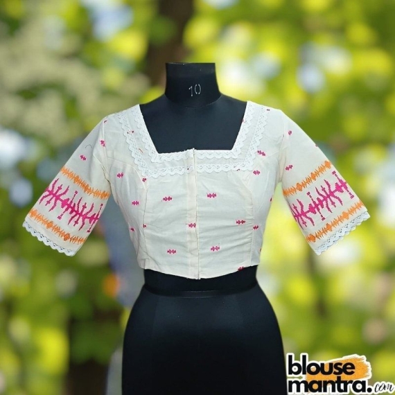 White Embroidery Jamdani | Square Neck | Lace Attached Glass Sleeve