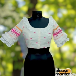 White Embroidery Jamdani |Round Neck | Lace On Neck & Sleeves Glass Sleeve