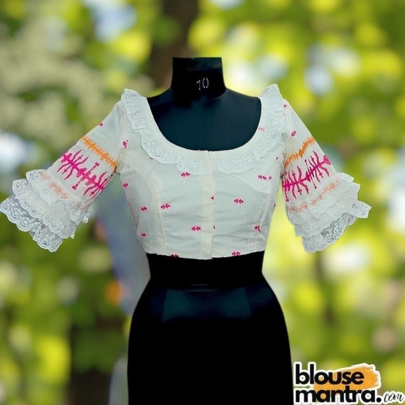 White Embroidery Jamdani |Round Neck | Lace On Neck & Sleeves Glass Sleeve