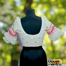 White Embroidery Jamdani |Round Neck | Lace On Neck & Sleeves Glass Sleeve