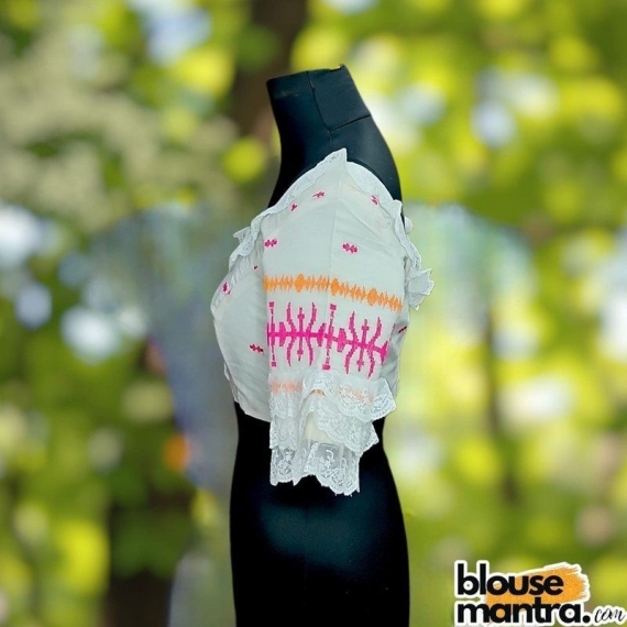 White Embroidery Jamdani |Round Neck | Lace On Neck & Sleeves Glass Sleeve