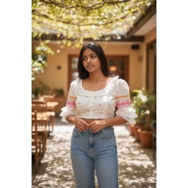 White Embroidery Jamdani |Round Neck | Lace On Neck & Sleeves Glass Sleeve