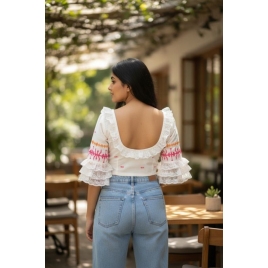 White Embroidery Jamdani |Round Neck | Lace On Neck & Sleeves Glass Sleeve