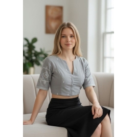 Grey Jamdani |Front Small V Cut | Back Boat Neck Glass Sleeve