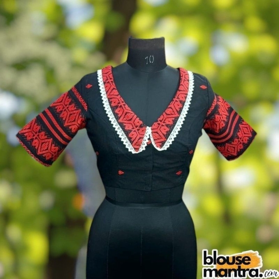 Black Jamdani | Red Weaving |Paar On Coller & Sleeve | Lace Attached Glass Sleeve