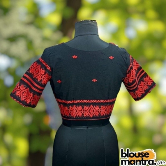 Black Jamdani | Red Weaving |Paar On Coller & Sleeve | Lace Attached Glass Sleeve