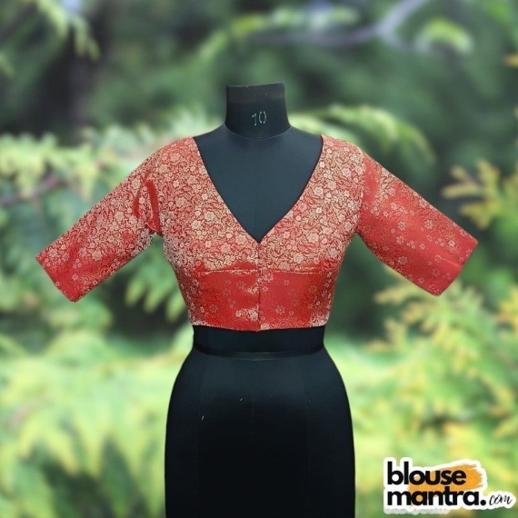  Red Brocade | Front V Neck | Back Boat Neck Glass Sleeve