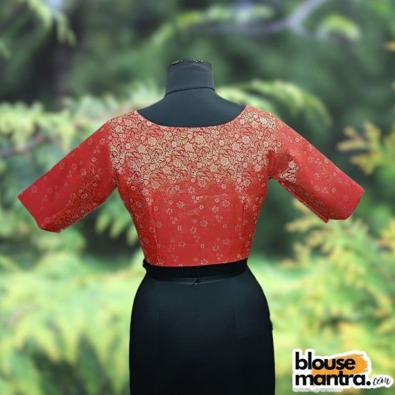  Red Brocade | Front V Neck | Back Boat Neck Glass Sleeve