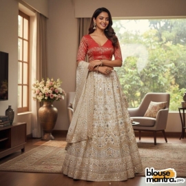  Red Brocade | Front V Neck | Back Boat Neck Glass Sleeve