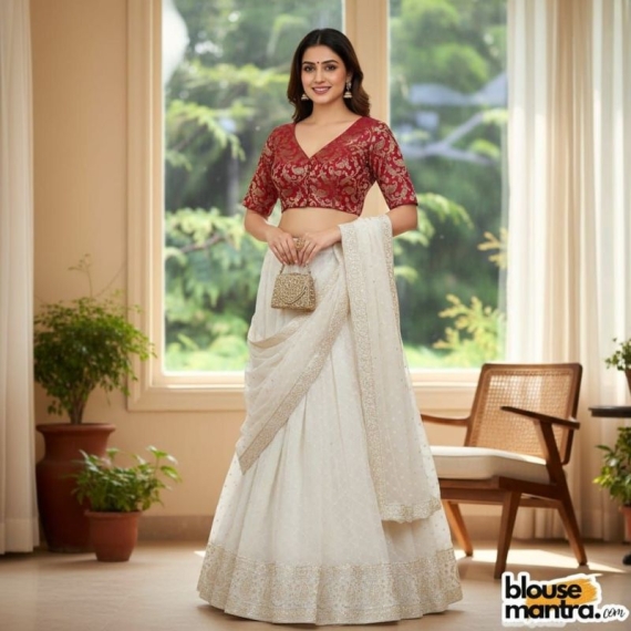 Maroon Brocade | Front V Neck | Back Boat Neck Glass Sleeve