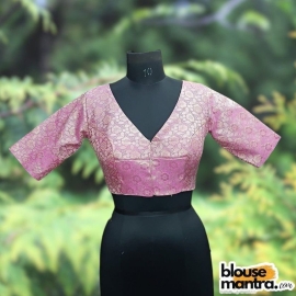 Baby Pink Brocade | Front V Neck | Back Boat Neck Glass Sleeve