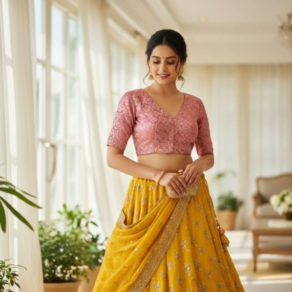 Baby Pink Brocade | Front V Neck | Back Boat Neck Glass Sleeve