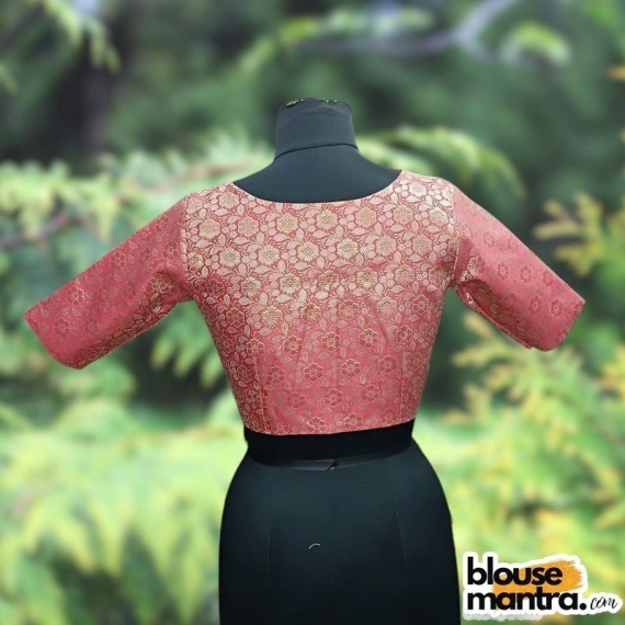 Peach Brocade | Front V Neck | Back Boat Neck Glass Sleeve