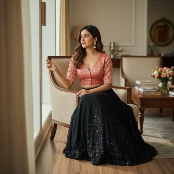 Peach Brocade | Front V Neck | Back Boat Neck Glass Sleeve