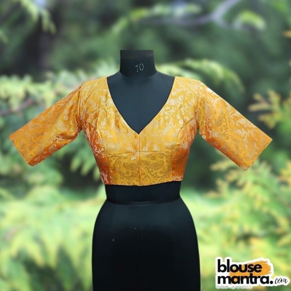 Yellow Brocade | Front V Neck | Back Boat Neck Glass Sleeve
