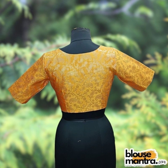 Yellow Brocade | Front V Neck | Back Boat Neck Glass Sleeve