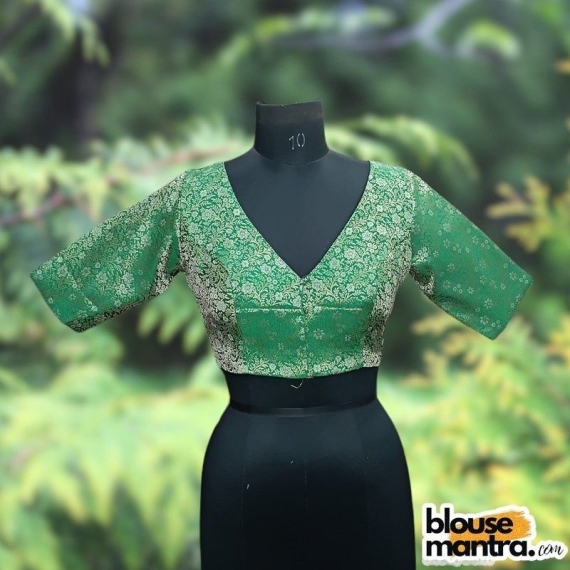 Green Brocade | Front V Neck | Back Boat Neck Glass Sleeve