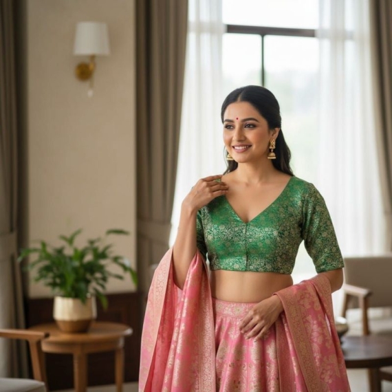 Green Brocade | Front V Neck | Back Boat Neck Glass Sleeve