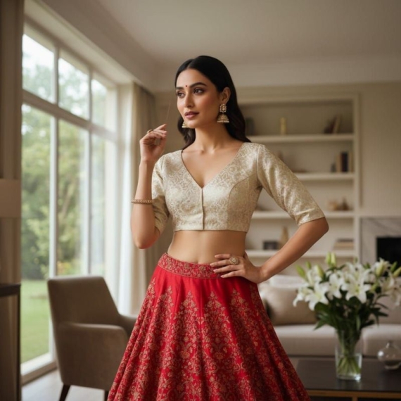 Off White Brocade | Front V Neck | Back Boat Neck Glass Sleeve